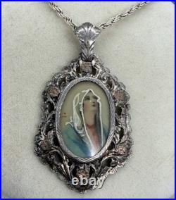 Antique 800 Silver Hand Painted Ornate Pendant Necklace Madonna Religious 18