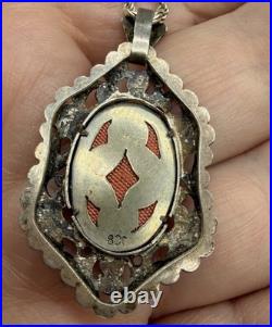 Antique 800 Silver Hand Painted Ornate Pendant Necklace Madonna Religious 18