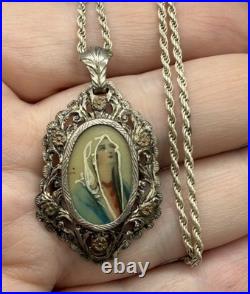 Antique 800 Silver Hand Painted Ornate Pendant Necklace Madonna Religious 18