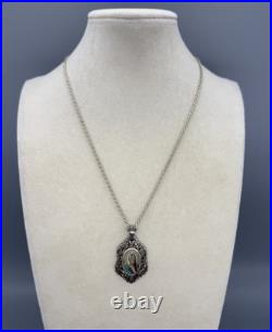 Antique 800 Silver Hand Painted Ornate Pendant Necklace Madonna Religious 18