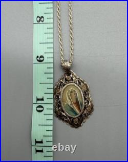 Antique 800 Silver Hand Painted Ornate Pendant Necklace Madonna Religious 18