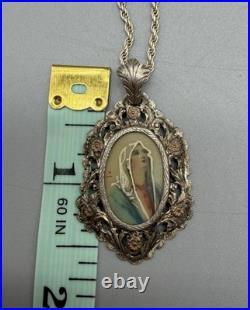 Antique 800 Silver Hand Painted Ornate Pendant Necklace Madonna Religious 18