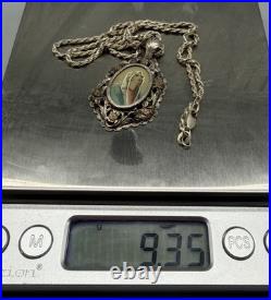 Antique 800 Silver Hand Painted Ornate Pendant Necklace Madonna Religious 18