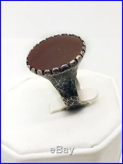 Antique 925 Silver Carnelian Agate Curved Verse Of Quran, Islam Hammered Men Ring