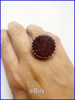 Antique 925 Silver Carnelian Agate Curved Verse Of Quran, Islam Hammered Men Ring