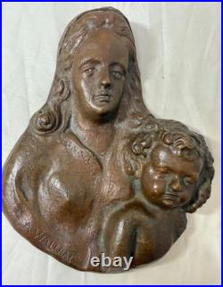 Antique A. Wallrae thick heavy cast bronze religious Baby Jesus Mary wall plaque