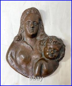 Antique A. Wallrae thick heavy cast bronze religious Baby Jesus Mary wall plaque