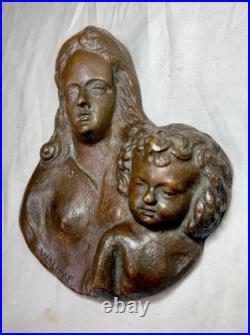 Antique A. Wallrae thick heavy cast bronze religious Baby Jesus Mary wall plaque