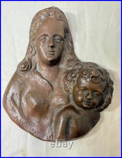 Antique A. Wallrae thick heavy cast bronze religious Baby Jesus Mary wall plaque