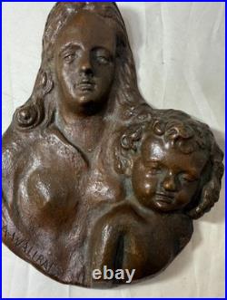 Antique A. Wallrae thick heavy cast bronze religious Baby Jesus Mary wall plaque