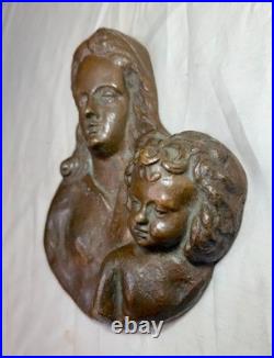 Antique A. Wallrae thick heavy cast bronze religious Baby Jesus Mary wall plaque