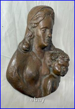 Antique A. Wallrae thick heavy cast bronze religious Baby Jesus Mary wall plaque