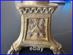 Antique Altar Brass Mary Sacred Heart & Trinitarian Triangle Tripod Candlestick