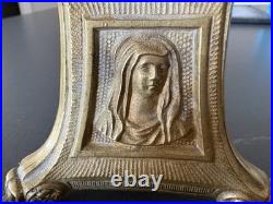 Antique Altar Brass Mary Sacred Heart & Trinitarian Triangle Tripod Candlestick