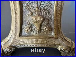 Antique Altar Brass Mary Sacred Heart & Trinitarian Triangle Tripod Candlestick
