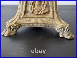 Antique Altar Brass Mary Sacred Heart & Trinitarian Triangle Tripod Candlestick