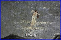 Antique American 1800's Oil Painting Religious Angel Appearing Shepherds