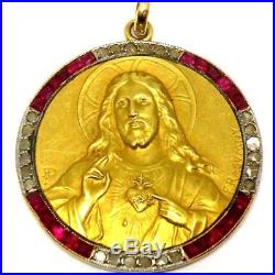 Antique Art Deco 18K Gold With Diamonds and Rubies Signed Religious Pendant