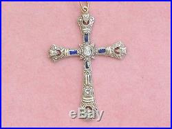 Antique Art Deco Diamond Sapphire Platinum Religious 1-15/16 Cross Pendant 1930