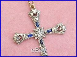 Antique Art Deco Diamond Sapphire Platinum Religious 1-15/16 Cross Pendant 1930