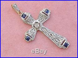 Antique Art Deco Diamond Sapphire Platinum Religious 1-3/16 Cross Pendant 1930