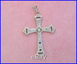 Antique Art Deco Diamond Sapphire Platinum Religious 1.5 Cross Pendant 1930