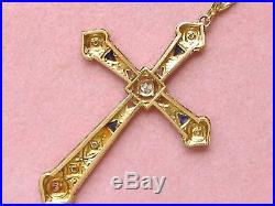 Antique Art Deco Diamond Sapphire Platinum Religious 1.75 Cross Pendant 1930
