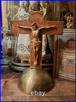 Antique Art Deco Religious Wood Bronse Metal Monastery Standing Corpus Crucifix Antique Art Deco Religious Wood Bronse Metal Monastery Standing Corpus Crucifix