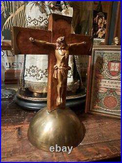 Antique Art Deco Religious Wood Bronse Metal Monastery Standing Corpus Crucifix Antique Art Deco Religious Wood Bronse Metal Monastery Standing Corpus Crucifix