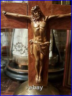 Antique Art Deco Religious Wood Bronse Metal Monastery Standing Corpus Crucifix Antique Art Deco Religious Wood Bronse Metal Monastery Standing Corpus Crucifix