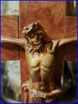 Antique Art Deco Religious Wood Bronse Metal Monastery Standing Corpus Crucifix Antique Art Deco Religious Wood Bronse Metal Monastery Standing Corpus Crucifix