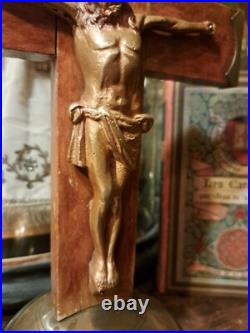 Antique Art Deco Religious Wood Bronse Metal Monastery Standing Corpus Crucifix Antique Art Deco Religious Wood Bronse Metal Monastery Standing Corpus Crucifix