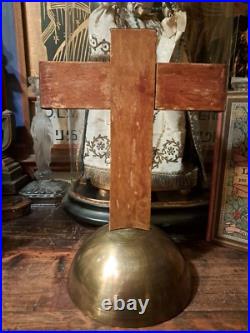 Antique Art Deco Religious Wood Bronse Metal Monastery Standing Corpus Crucifix Antique Art Deco Religious Wood Bronse Metal Monastery Standing Corpus Crucifix