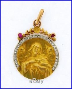 Antique Art Nouveau 18k Yellow Gold Religious Pendant Rubies Diamonds