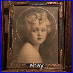 Antique Art Nouveau Frame With Hand Painted Tinted Religious Image Boy Halo