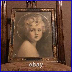 Antique Art Nouveau Frame With Hand Painted Tinted Religious Image Boy Halo