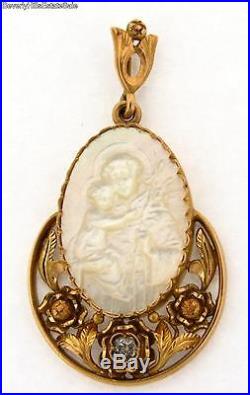 Antique Art Nouveau Religious Carved Mother of Pearl Diamond 18k Gold Pendant