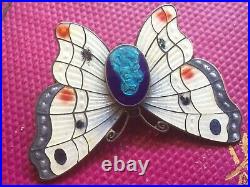 Antique Art Nouveau Sterling Enamel Butterfly PinBrooch w Mary Religious Medal
