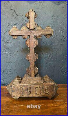 Antique Art Tramp Crucifix Cross Wood Jesus Religious America Large Christ 20th