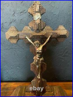 Antique Art Tramp Crucifix Cross Wood Jesus Religious America Large Christ 20th