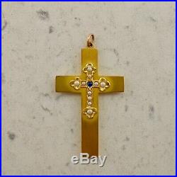 Antique Australian 9ct yellow gold Sapphire & Seed Pearl crucifix cross pendant