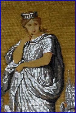 Antique BEADED NEEDLEPOINT Religious Christianity Handmade Framed ca. 1800s