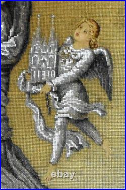 Antique BEADED NEEDLEPOINT Religious Christianity Handmade Framed ca. 1800s