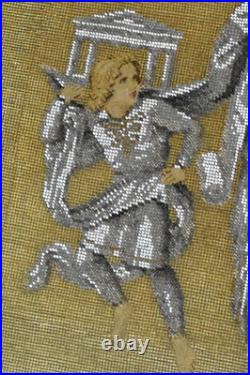 Antique BEADED NEEDLEPOINT Religious Christianity Handmade Framed ca. 1800s