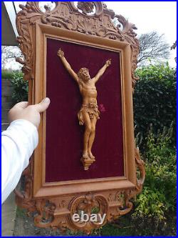 Antique BLack forest german wood carving Wall plaque crucifix rare religious