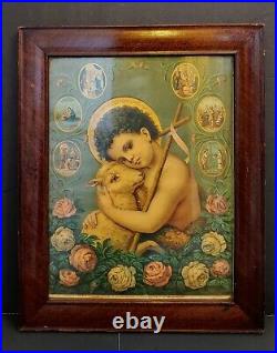 Antique Baby John The Baptist Detailed Religious Print with Wood Back UNUSUAL
