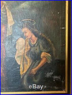 Antique Baroque Oil Painting On Canvas With Frame Religious Scene