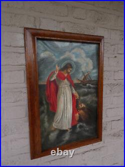 Antique Belgian 1902 dated oil canvas painting jesus walk over water religious