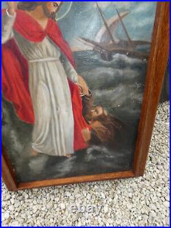 Antique Belgian 1902 dated oil canvas painting jesus walk over water religious