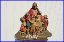 Antique Belgian Chalk XL Jesus with children group statue religious